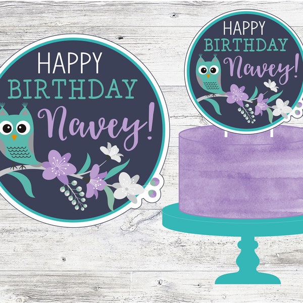 Printable Night Owl Birthday Cake Topper. Personalized Cake Topper for Owl Birthday Party, Slumber Party, Late Night. Digital File.
