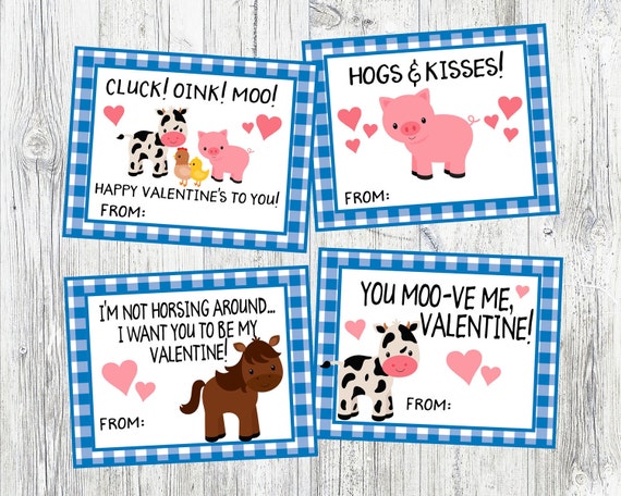 Farm Animal Valetine's Day Cards. Cluck Oink Moo Happy