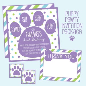 Puppy Pawty Birthday Invitation. Puppy Dog Birthday Invitation. Purple Blue & Green Puppy Party. Custom Digital Download