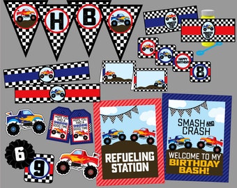Könnte beinhalten: Monster-Truck-Party-Druckvorlagen in Blau, Rot und Schwarz mit karierten Flaggen, Monstertrucks und dem Text "Smash and Crash" und "Willkommen zu meiner Geburtstagsparty!"