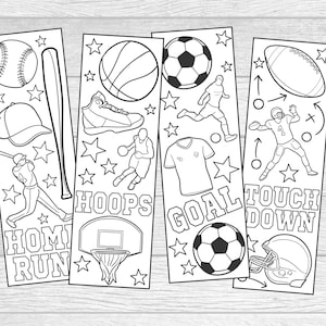 Printable Color Your Own Sports Bookmarks.  Instant Digital Download. 4 DIY Coloring Bookmarks. Baseball, Basketball, Soccer and Football