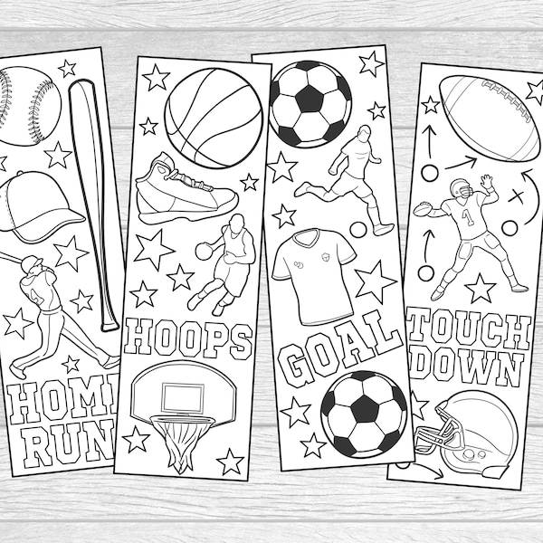 Printable Color Your Own Sports Bookmarks.  Instant Digital Download. 4 DIY Coloring Bookmarks. Baseball, Basketball, Soccer and Football