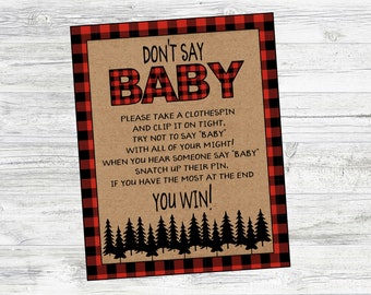 Printable Don&#39;t Say Baby Game for Lumberjack Baby Shower. Baby Shower Game Sign for Mountain, Bear, Winter Shower. Instant Digital Download