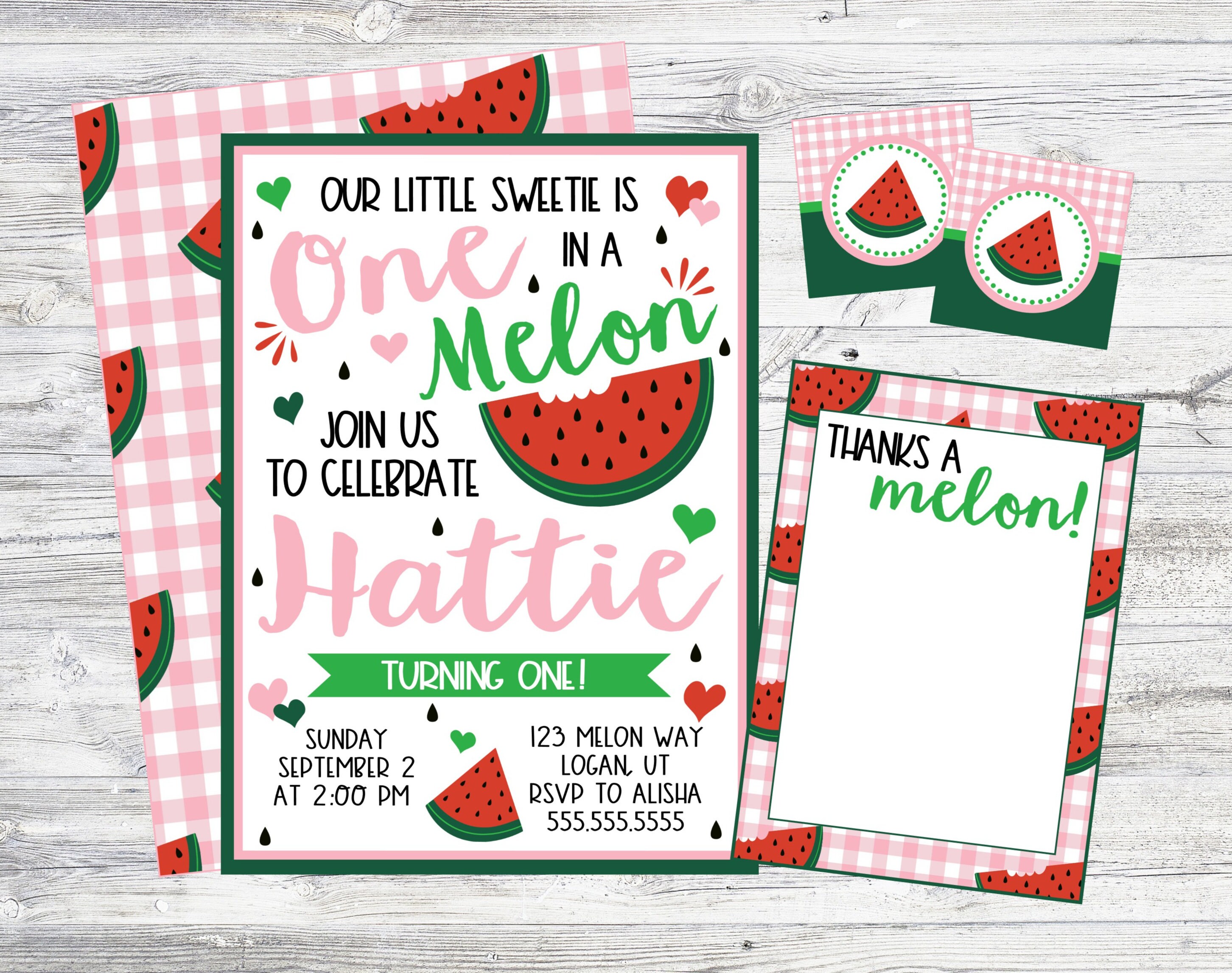 One in A Melon Watermelon First Birthday Party Invitation. Personalized ...