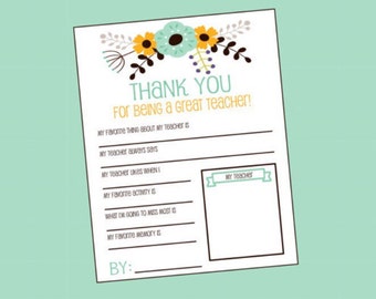 Teacher Questionnaire. Perfect for Teacher's Appreciation. Teacher Gift. Instant Digital Download. Preschool, Kindergarten.