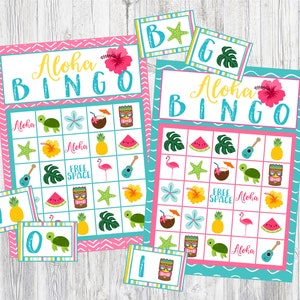 Printable Aloha Bingo Game Set! 36 Card Bingo Set with Calling Cards. Luau, Beach Party, Hawaii Bingo Set.  Instant Digital Download Files.