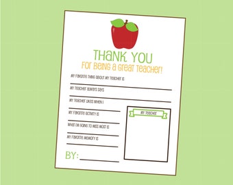 Apple Teacher Questionnaire. Perfect for Teacher's Appreciation, Teacher Gift, Instant Digital Download. PreSchool, Kindergarten.