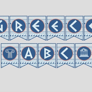 Banner per festa a tema greco stampabile. Include alfabeto completo, benvenuto in Grecia e buon compleanno. Grecia antica. Download digitale istantaneo.