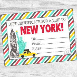 Printable Gift Certificate For A Trip To New York City. Vacation Gift Certificate. Instant Digital Download.