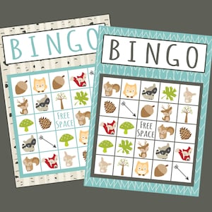 Ensemble de jeu de bingo sur les animaux des bois de 24 cartes. Idéal pour une fête d'anniversaire Woodland, une fête prénatale Woodland, une fête d'automne. Téléchargement numérique instantané.