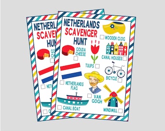 Búsqueda del tesoro imprimible en los Países Bajos. Actividad de viaje y turismo para niños en Ámsterdam, Países Bajos. Archivos digitales de descarga instantánea.