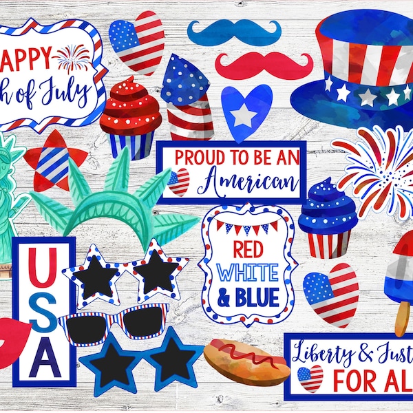 Printable 4th of July Photo Props. Instant Digital Download. Photo Booth Props for 4th of July, Patriotic, Memorial Day, Labor Day Party.
