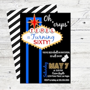 Invitación a la fiesta de cumpleaños del casino. Invitación imprimible a la fiesta de Las Vegas para cumpleaños, jubilación, noche de juegos o noche de casino.
