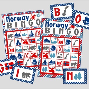 Afdrukbaar Noorwegen bingospel. 12-kaarten Noorse bingospellenset voor Noorwegen-feest, Noorwegen-reis of klasfeest. Instant digitale downloadbestanden.