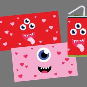 May include: Three printable designs for Valentine's Day featuring a monster with multiple eyes, a toothy grin, and a tongue sticking out. The designs are on red and pink backgrounds with pink hearts.
