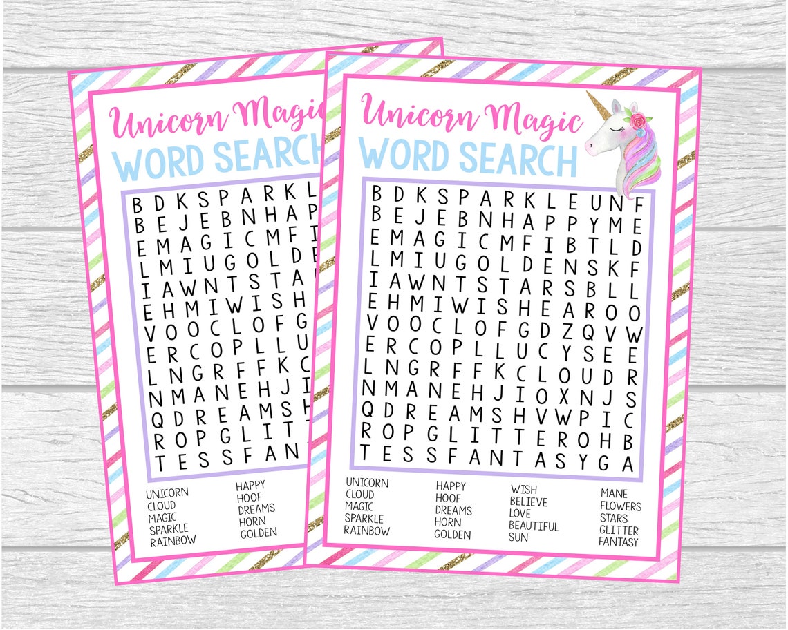 unicorn word search game printable word search instant etsy