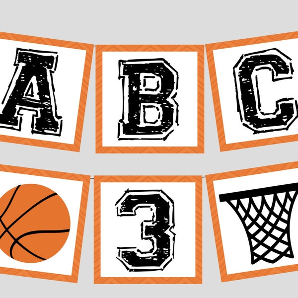 Basketball Banner Full Alphabet + Numbers for Basketball Birthday Party, Baby Shower, Team Party. Instant Digital Download. Black & Orange