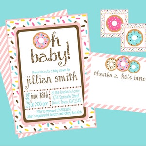 Oh bébé! Invitation à la fête de naissance en beignet. Invitation personnalisée pour la baby shower de beignets. Comprend une invitation, une carte de remerciement et des sceaux d'enveloppe.