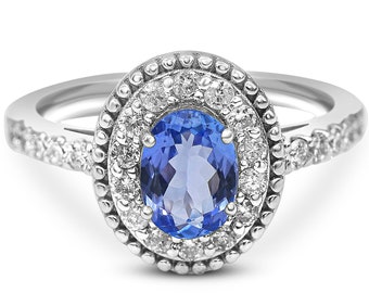 Tanzanite Halo Ring with Diamond Accents in White Gold