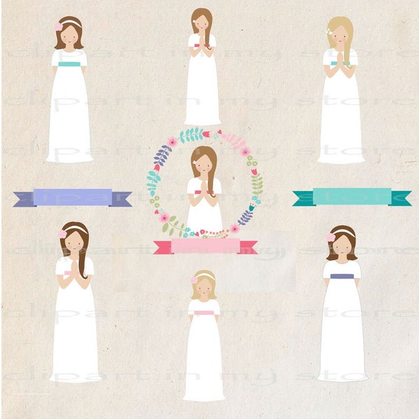 GIRLS FIRST KOMMUNION 1 - Digitale Clipart-Set, Meine Erstkommunion Clipart, 1. Kommunion Clipart, Kommunion Clipart