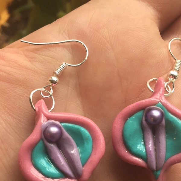 Vulva Yoni Earrings Freshwater Pearl with Pink, Aqua and Lilac Polymer Mature