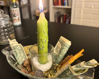 Money Bowl Spell Kit: Drawing Oil, Candle, Herbs & Crystals