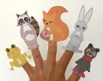 Woodland Animals Paper Finger Puppets - PRINTABLE PDF Toy - DIY Craft Kit Paper Toy - Squirrel, Bunny, Raccoon, Bear and Frog. - Party Favor