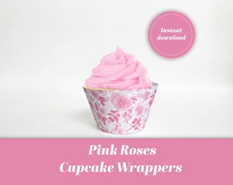 Cupcake wrappers met aquarel bloemen: roze rozen (digitale download)