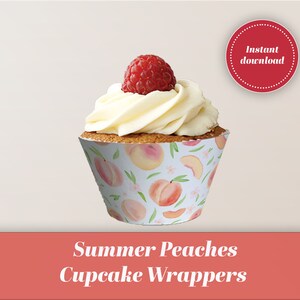 May include: Peach cupcake wrappers with a watercolour peach design. The wrappers are white with pink peaches and green leaves. The text "Summer Peaches Cupcake Wrappers" is at the bottom of the image.