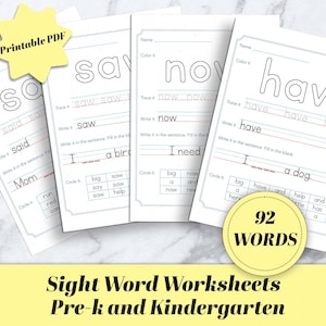 Puede incluir: Un conjunto de hojas de trabajo de palabras de vista imprimibles para preescolar y jardín de infantes. Las hojas de trabajo presentan las palabras "say", "now", "have", "saw", "said" y "mom".