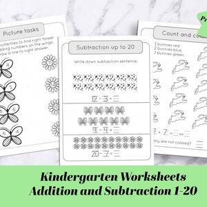 Kindergarten Math Worksheets / Addition Subtraction 1-20 picture tasks / kindergarten math printable pdf / workbook / Homeschool Learning