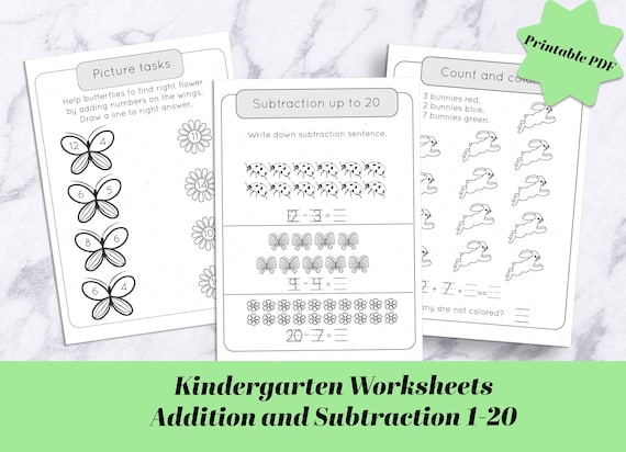 kindergarten math worksheets addition subtraction 1 20 etsy