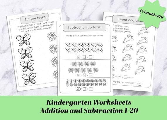 kindergarten math worksheets addition subtraction 1 20 etsy