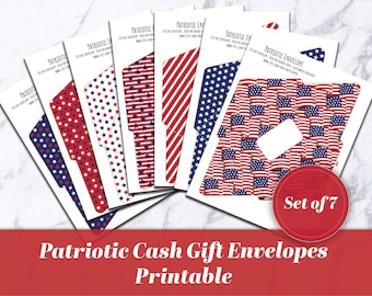 Patriottische cadeau-enveloppen: rood wit blauw, set van 7 (digitale download)