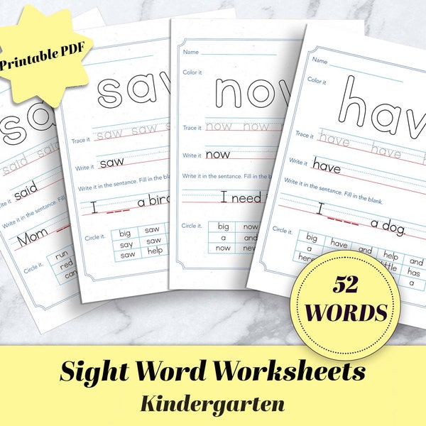 Sight Word Worksheets Printable / kindergarten/Sight Word Practice / Learn to Read Sight Words / Writing Practice  /Home School Worksheets