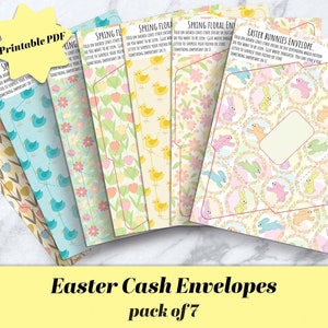 May include: A set of seven printable Easter cash envelopes featuring different spring-themed designs, including tulips, birds, chicks, and bunnies. The text on the envelopes reads "Spring Floral Envelope", "Spring Floral Envelope", "Spring Floral Envelope", "Easter Bunnies Envelope", "Tulips Envelope", "Spring Flowers Envelope", and "Spring Flowers Envelope".