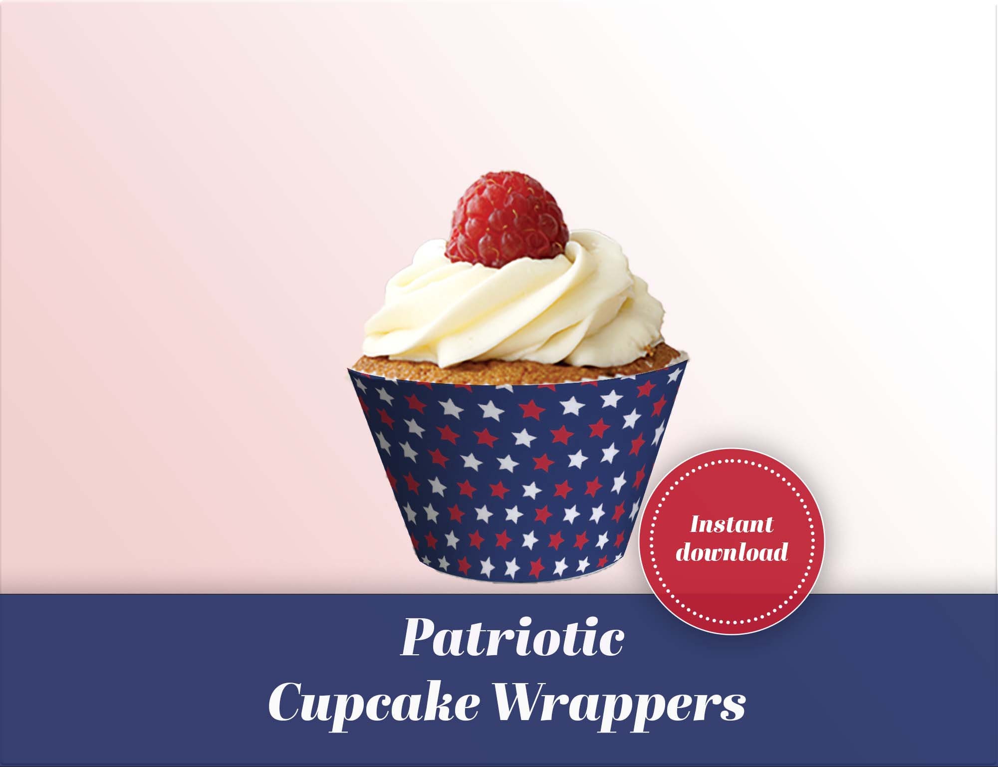 Veterans day Patriotic Cupcake Wrappers printable 4th of July party decor American flag white stars on blue USA Veterans Day