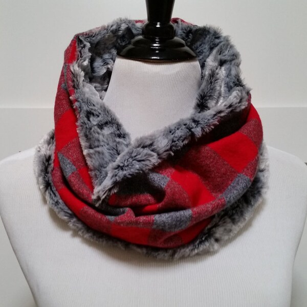 FAUX FUR FLANNEL Reversible Infinity Scarf Cowl Soft Warm Mammoth Plaid Buffalo Check Red Black Grey Rustic Ladies Women Winter Scarves