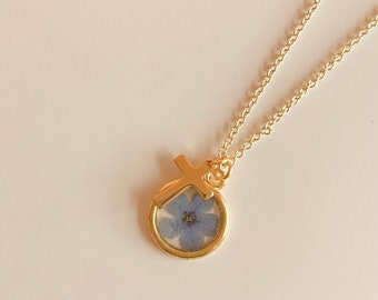 Pressed Flower Cross Necklace - Forget-Me-Not