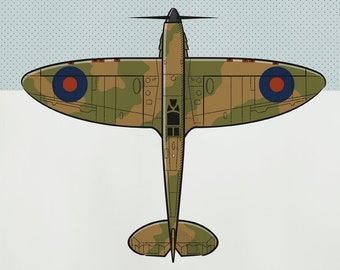 May include: A black and white illustration of a green and brown camouflage Spitfire Mk.II airplane with red, white, and blue roundels. The text "SPITFIRE MK.II BATTLE OF BRITAIN 1940" is below the airplane.