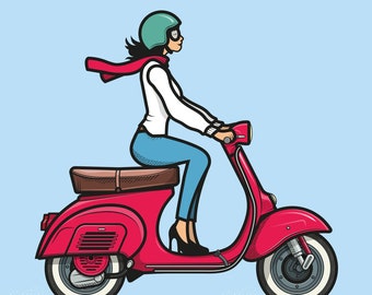 1960's Piaggio Vespa 90 with Rider – Vintage Italian Style – Digital Illustration