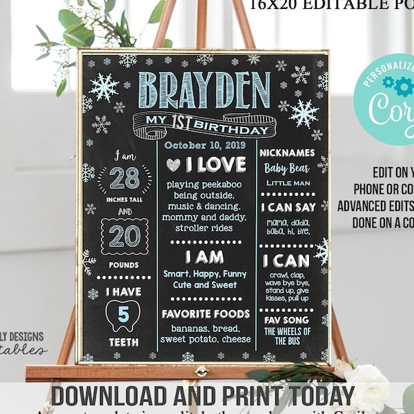 Editable Winter Wonderland Snowflake Boy First Birthday Chalkboard Snowflake 1st birthday Milestone Poster Winter Onederland Birthday Poster