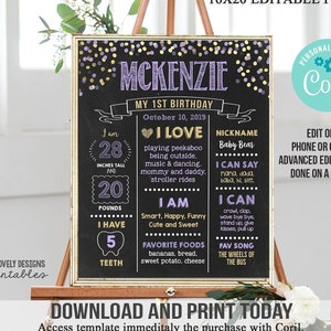 EDITABLE Confetti Purple and Gold Girl Birthday Milestone Poster Princess Purple and Gold Confetti Milestone Poster Instant Download