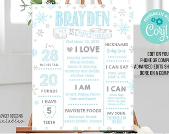 Editable Winter Wonderland Snowflake Boy First Birthday Chalkboard White Snowflake 1st birthday Milestone Poster Winter Onederland Poster