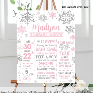 Poster modificabile Winter Wonderland Snowflake Girl First Birthday Chalkboard Pink Silver Snowflake Milestone Poster Winter Onederland DOWNLAOD