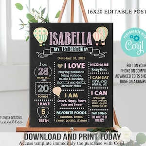Hot Air Balloon Birthday Chalkboard Poster: Editable Milestone Sign (Digital Download)