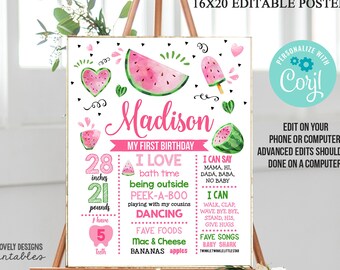 Può includere: Un poster per il primo compleanno stampabile rosa e verde per una bambina di nome Madison. Il poster presenta un'anguria, un ghiacciolo e un elenco di cose che sa fare e che ama. Il poster è modificabile usando Corjl.