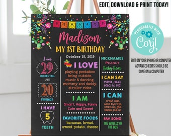 Puede incluir: Un póster imprimible estilo pizarra con un tema de fiesta mexicana colorido. El póster dice "Madison Mi 1er Cumpleaños" con la fecha "18 de octubre de 2019". Incluye detalles sobre la edad, la altura, el peso, las comidas favoritas del niño y las cosas que puede hacer.