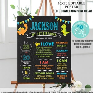 Dinosaur First Birthday Milestone Poster Chalkboard EDITABLE Dinosaurs 1st birthday Birthday Poster Chalkboard TEMPLATE Instant Download