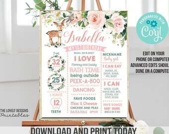 Cartel de pizarra editable para primer cumpleaños de ciervo, cartel de animales del bosque para primer cumpleaños, póster de cumpleaños de ciervo pequeño (plantilla de descarga instantánea)